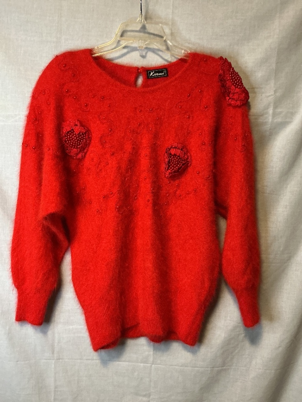 Vintage 1980s Keomi Red Angora Sweater Beaded Floral Appliqués Fluffy Soft Large